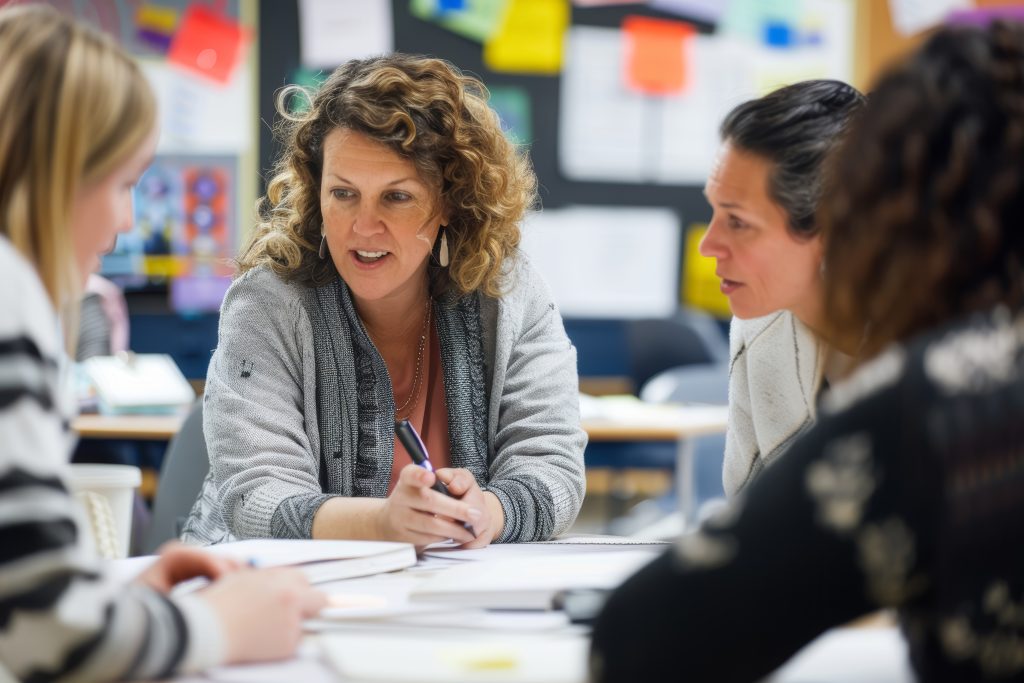 A focused group of educators and parents engage in a serious discussion at an individualized education plan meeting, strategizing to enhance a student's academic growth